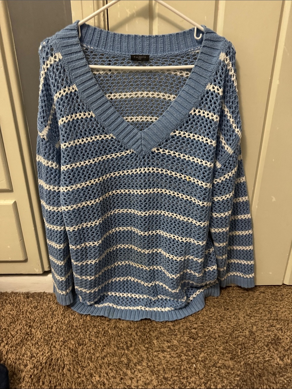 Talbots Blue & White Open-Knit V-Neck Sweater